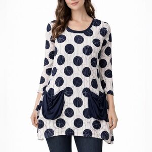 Papa Vancouver Navy Abstract Polka Dot Tunic Top Blouse Pockets Classic Chic XL